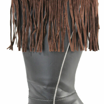 Western women winter boot toppers brown fabric long fringe knee high white cross
