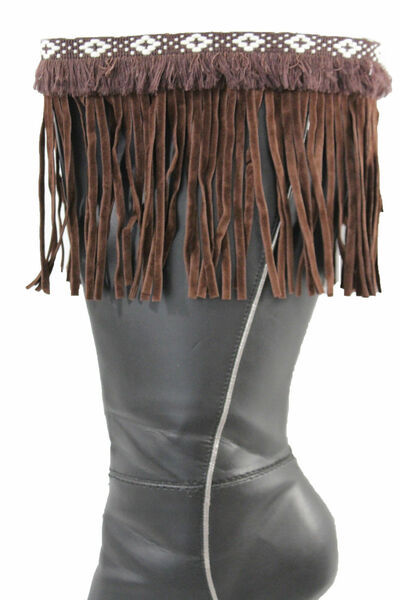 Western Women Winter Boot Toppers Brown Fabric Long Fringe Knee High White Cross