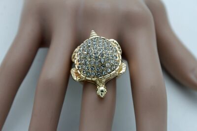 Women Gold Metal Water Turtle Ring Fashion Jewelry Elastic Band Silver Bling
