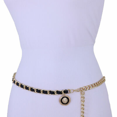Women hip hop black belt silver gold metal chain lion charm plus size xl xxl