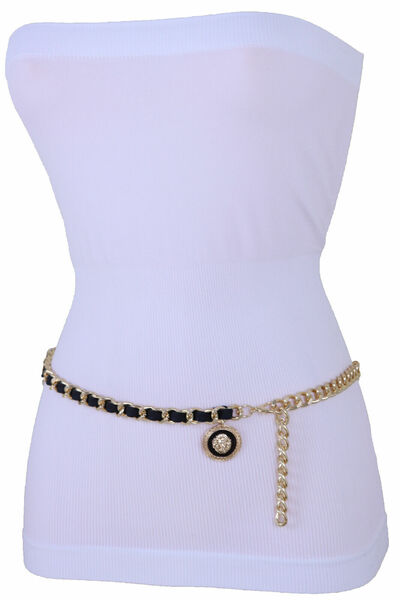 Women Hip Hop Black Belt Silver Gold Metal Chain Lion Charm Plus Size XL XXL
