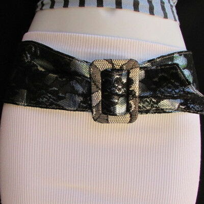 Women hip waist black floral fabric lace fashion belt metallic blue size s m