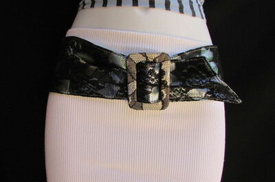 Women HIP WAIST BLACK FLORAL FABRIC LACE FASHION BELT METALLIC BLUE SIZE S M