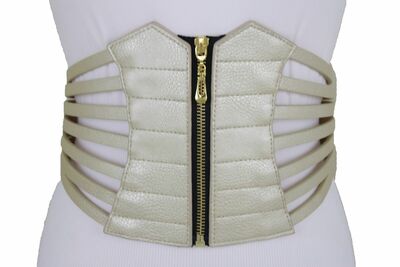Women Hip Waist Wide Metallic Gold Faux Leather Elastic Corset Belt L XL XXL