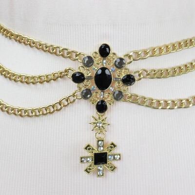 Women antique gold color metal chain belt british black cross star charm fit s m