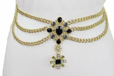 Women Antique Gold Color Metal Chain Belt British Black Cross Star Charm Fit S M
