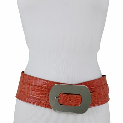 Women silver metal square buckle wide elastic belt high waist hip orange m l