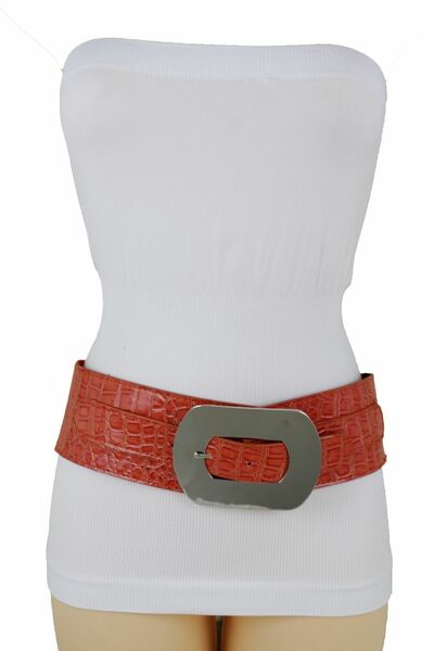Women Silver Metal Square Buckle Wide Elastic Belt High Waist Hip Orange M L