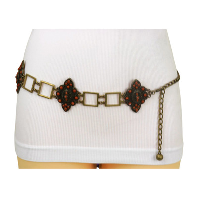 Women antique gold metal ethnic southwestern style belt brown flower charm s m