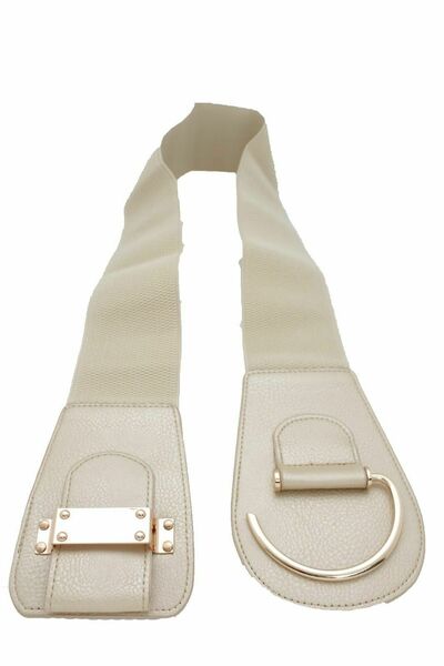 Gorgeous Women Prom Belt Metallic Beige Elastic Hip Waist Gold Hook Buckle L XL