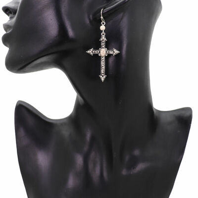 Women antique rusty silver metal earrings religious christian pointy cross white