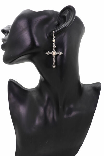 Women Antique Rusty Silver Metal Earrings Religious Christian Pointy Cross White