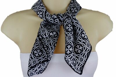 Women Black White Fancy Fashion Scarf Soft Silk Fabric Elegant Neck Tie Wrap