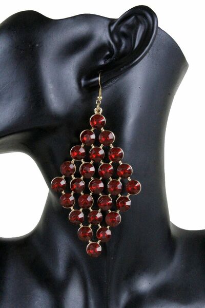 Women Dressy Fashion Jewelry Earrings Gold Metal Red Bling Bead Bridal Style