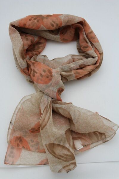 Women Beige Fashion Scarf Fabric Long Orange Floral Neck Tie Wrap Spring Fall