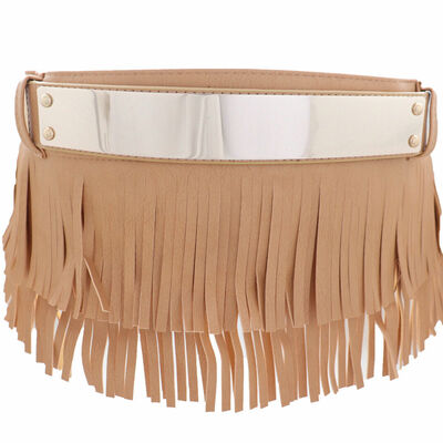 Women beige faux leather skirt tie fringes punk rocker cool belt gold metal s m