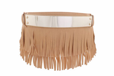 Women Beige Faux Leather Skirt Tie Fringes Punk Rocker Cool Belt Gold Metal S M