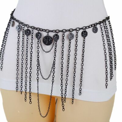 Women fringes belt waist hip pewter black metal long chain coin charm m l xl
