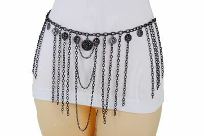 Women Fringes Belt Waist Hip Pewter Black Metal Long Chain Coin Charm M L XL
