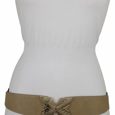 Women beige nude faux leather elastic vacation cool belt x gold metal buckle s m