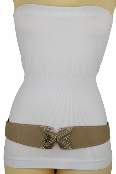 Women Beige Nude Faux Leather Elastic Vacation Cool Belt X Gold Metal Buckle S M