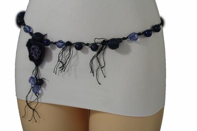 Women Belt Fashion Narrow Blue Strings Flower Fabric Charm Hip Waist Skinny M L