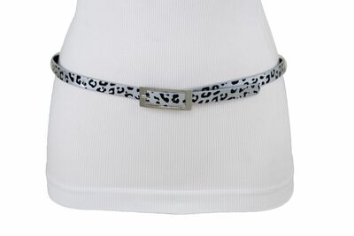 Women Narrow Belt Hip High Waist Silver Black Leopard Animal Print Size L XL