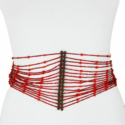 Women red beads belt hip waist flower charm wide black wrap around tie s m l