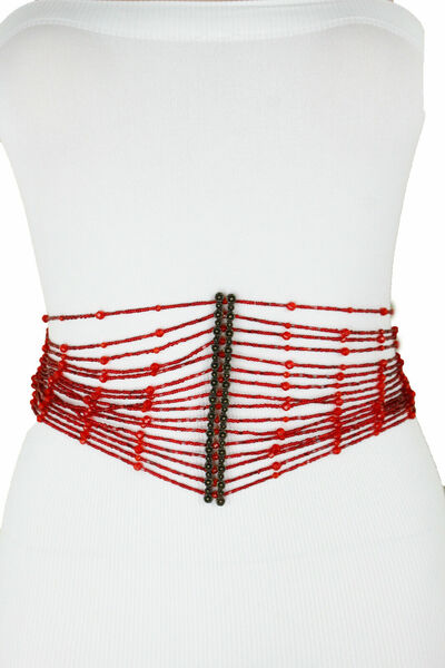 Women Red Beads Belt Hip Waist Flower Charm Wide Black Wrap Around Tie S M L