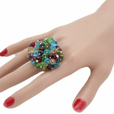 Women ring fashion silver metal multicolor beads pompom adjustable size band