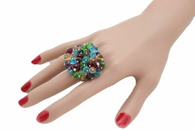 Women Ring Fashion Silver Metal Multicolor Beads Pompom Adjustable Size Band