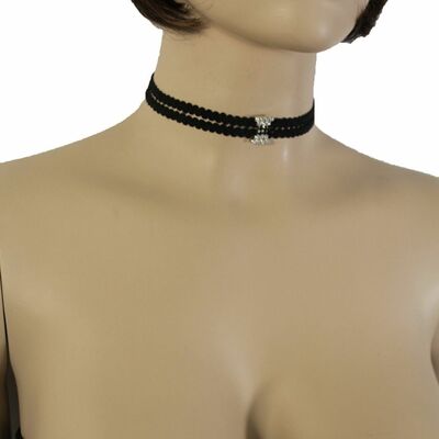 Women silver bling fancy fashion black fabric dressy choker necklace jewelry