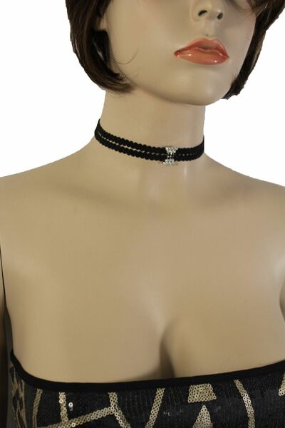 Women Silver Bling Fancy Fashion Black Fabric Dressy Choker Necklace Jewelry