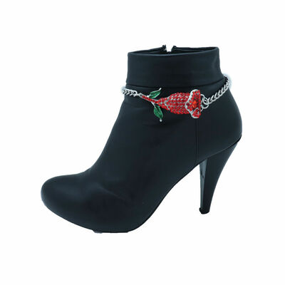 Women silver metal chain boot bracelet shoe anklet red tropical flower charm