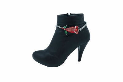 Women Silver Metal Chain Boot Bracelet Shoe Anklet Red Tropical Flower Charm