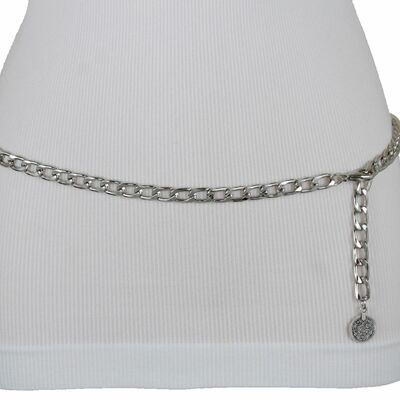 Women belt hip high waist silver metal chain boho ethnic coin buckle size xs s m