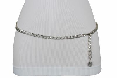 Women Belt Hip High Waist Silver Metal Chain Boho Ethnic Coin Buckle Size XS S M