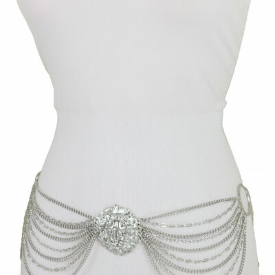 Women belt silver color metal chain links side rings waves lion charm size s m l