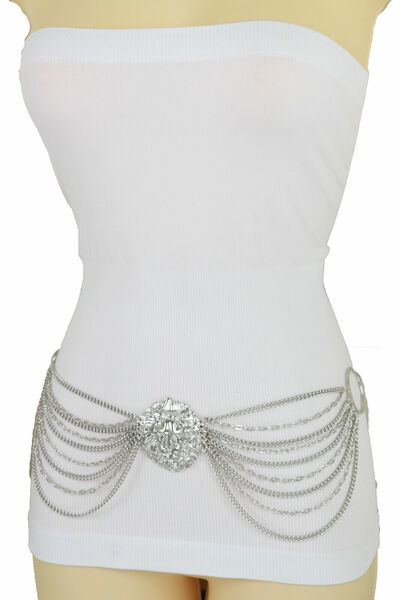Women Belt Silver Color Metal Chain Links Side Rings Waves Lion Charm Size S M L
