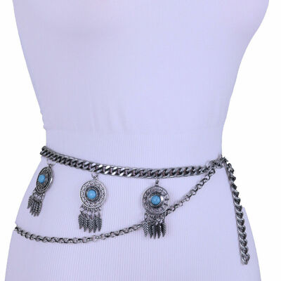 Women belt silver metal chain feather turquoise blue bead charm plus size xl xxl
