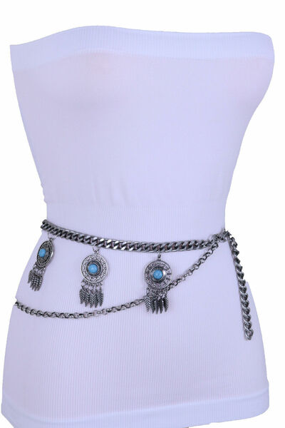 Women Belt Silver Metal Chain Feather Turquoise Blue Bead Charm Plus Size XL XXL
