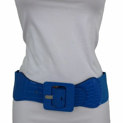 Women belt wide cobalt blue faux leather elastic waistband square buckle m l xl