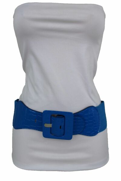 Women Belt Wide Cobalt Blue Faux Leather Elastic Waistband Square Buckle M L XL