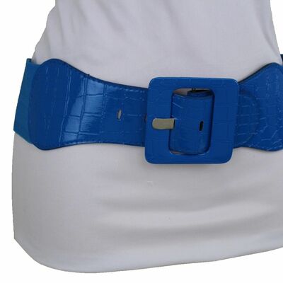 Women belt wide cobalt blue faux leather elastic waistband square buckle xs s m