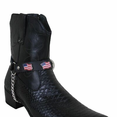 Men biker silver boot chain 2 straps black fabric american flag usa 4th of july