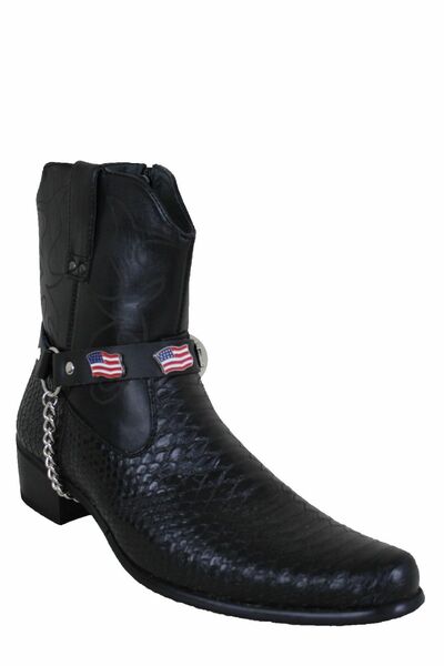 Men Biker Silver Boot Chain 2 Straps Black Fabric American Flag USA 4th Of July