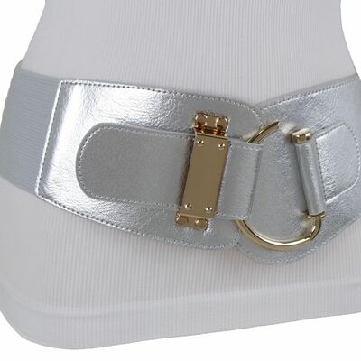 Women big gold hook buckle elastic faux leather wide chic fashion belt l xl xxl