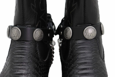 Men Boot Black Faux Leather 2 Straps Biker American Eagle Charm Silver Chain
