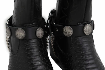Men Boot Bracelet Silver Chain Black Pair Strap Buffalo Bull Hunter Native Charm