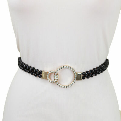 Women black beads elastic band dress dance belt gold metal circle buckle s m l